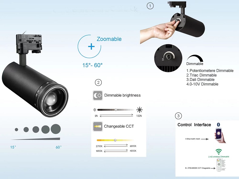 adjustable zoomable 15w 20w led track spot lighting